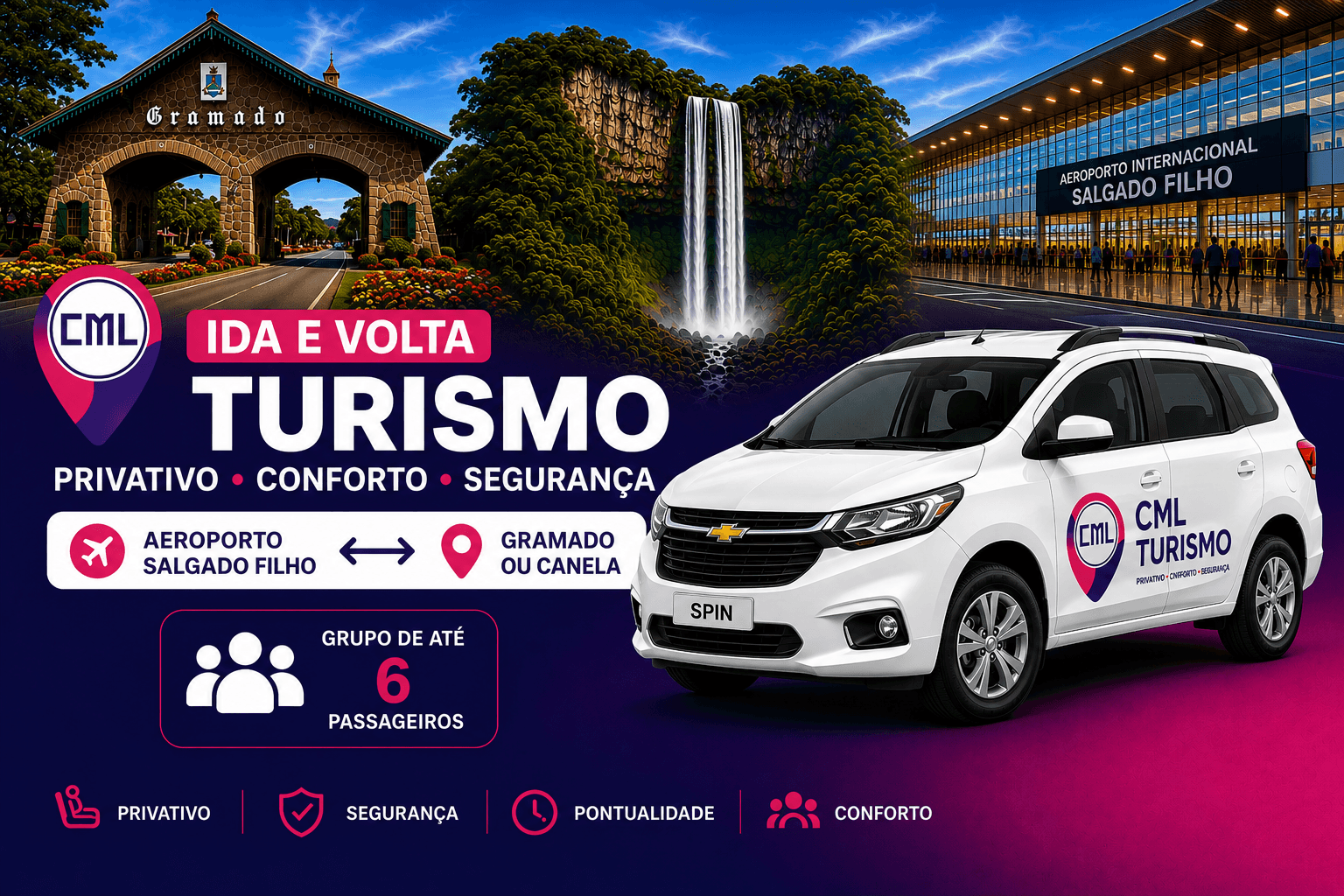 Transfer Ida e Volta Porto Alegre, Gramado ou Canela | Privativo Spin até 6 Passageiros